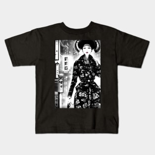 Cyber Geisha in the streets of Tokyo, black and white Kids T-Shirt